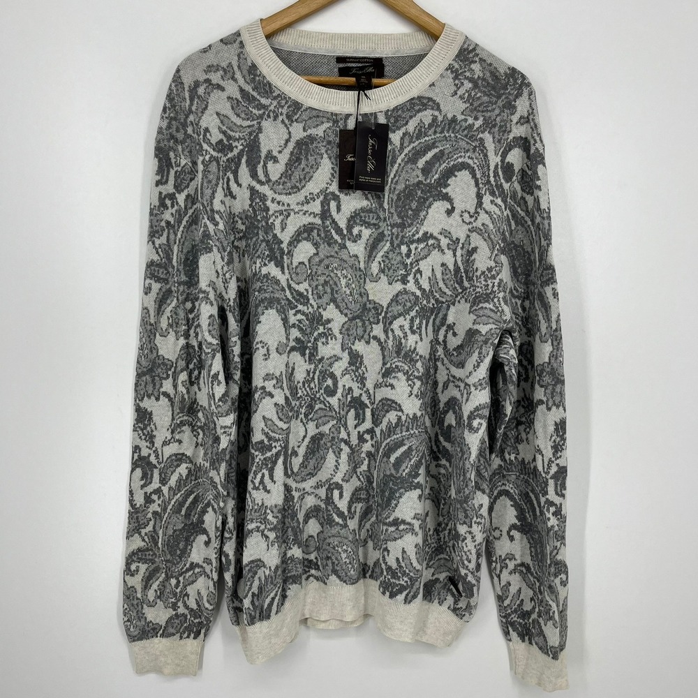 Tasso Elba Mens Supima Cotton Paisley Crewneck Sweater Ivory Grey XL New NWT